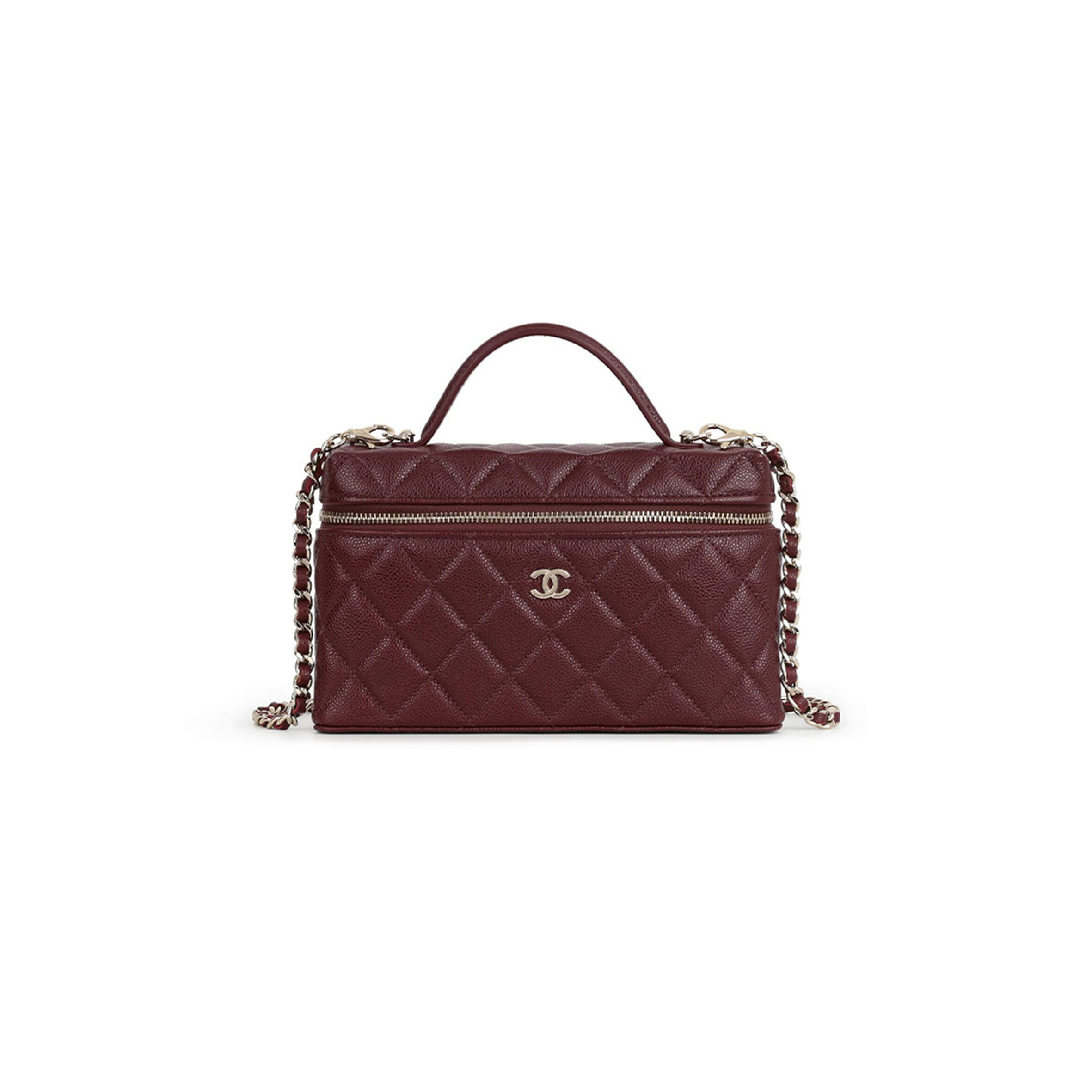 CHANEL MASTER TOP HANDLE VANITY WITH CHAIN BURGUNDY CAVIAR  CHAMPAGNE GOLD HARDWARE AP4385 (19*14*5cm)